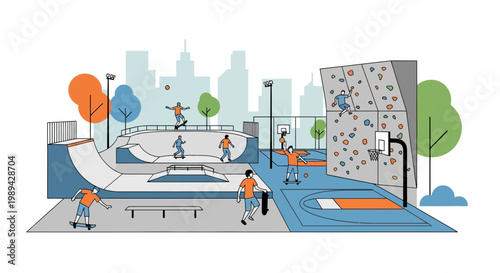 Urban Skatepark with Rock Climbing Wall, Basketball Court and City Skyline