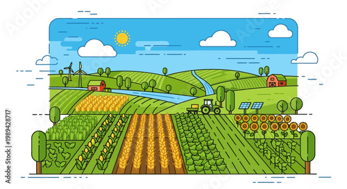 Vibrant agricultural landscape with fields, farm buildings, tractor, and wind turbines.