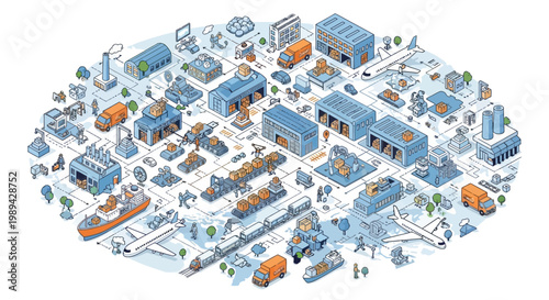 Isometric Industrial Cityscape with Transportation Network and Factories