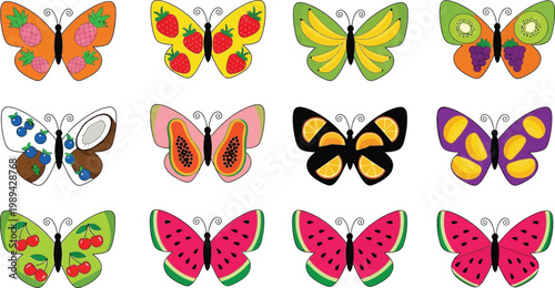 A colorful illustration of butterflies with various fruit patterns on their wings