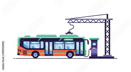 An electric bus being charged at a modern charging station with a sleek design