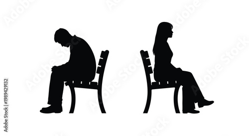 A man and woman sit on a park bench facing away from each other silhouette