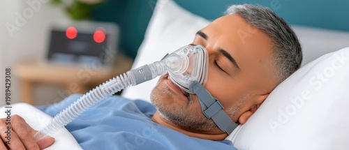 Elderly man resting in hospital bed wearing CPAP mask and blue gown with medical equipment in background