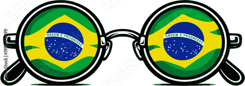 Brazil flag sunglasses, round glasses with Brazilian flag lenses, pop art vector isolated on transparent background