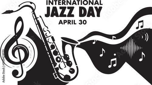 International Jazz Day vector illustration with saxophone, treble clef, and musical notes celebrating global music