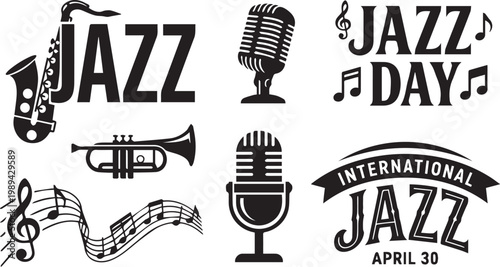 International Jazz Day vector illustration with saxophone, trumpet, microphones, and musical notes celebrating music