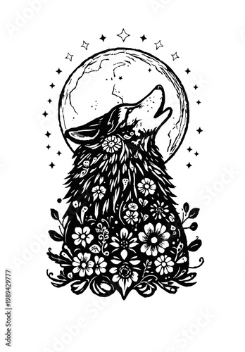 High contrast howling wolf silhouette with floral details moon and stars optimized for bold clean t shirt printing