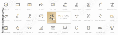 Football Cup 2026 icon set in duotone minimalist line style. Modern flat vector icons with editable stroke, featuring soccer, players, stadium, match elements, fans and global tournament for UI design