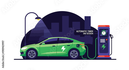 An electric car is being charged at a modern charging station with a city skyline in the background.