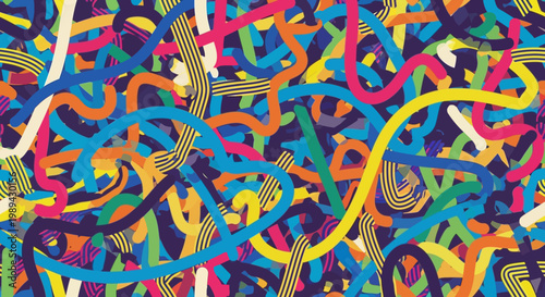 Seamless Pattern of Colorful Scribble Lines and Tangled Geometric Shapes