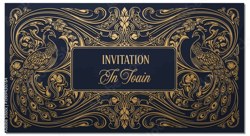 Elegant Vintage Invitation Card with Golden Peacock Ornaments on Dark Blue Background