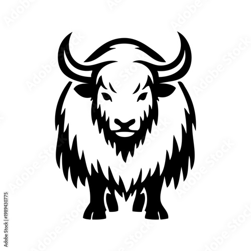 Logotipo fauna tibetana. Dibujo minimalista con líneas de un yak del Himalaya visto de frente 
