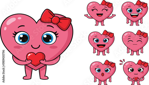 Set of cute pink heart-shaped mascot characters with diverse facial expressions and a red bow, perfect for Valentine's Day decorations, romantic greetings, and social media emojis