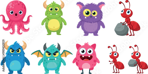 Set of Cute Cartoon Monsters and Ant Characters in Various Poses, Perfect for Kids' Designs, Games, and Fun IllustrationsSet of Cute Cartoon Monsters and Ant Characters in Various Poses, Perfect