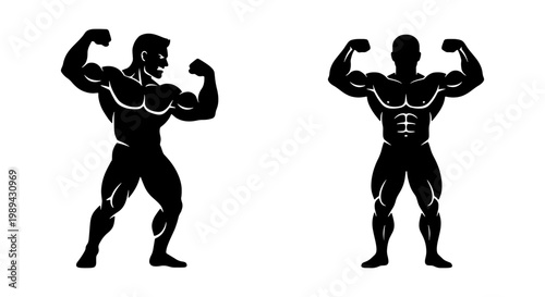 Muscular bodybuilder silhouettes, strong male athlete posing set, black vector icons of fitness gym competitors, bodybuilding championship graphics