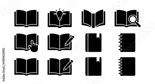Minimalist book icon set, black solid education symbols for library and reading, 12 flat vector graphics for school and study apps