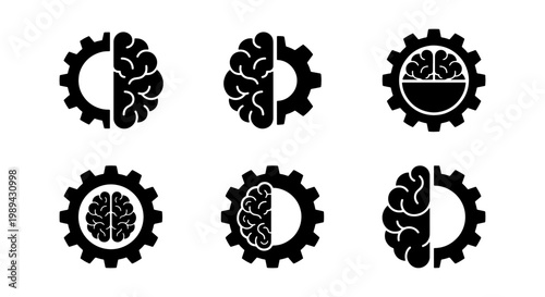 Artificial intelligence brain and gear icons, 6 black vector symbols of human mind and machine integration, neural network and engineering concept