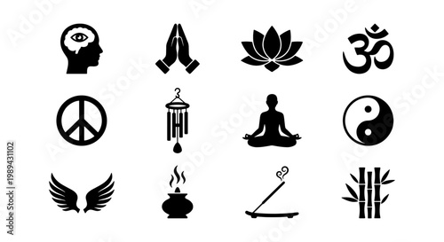 Zen meditation icons set, spiritual yoga symbols in black silhouette, 12 wellness and mindfulness vector elements for spa and holistic health branding
