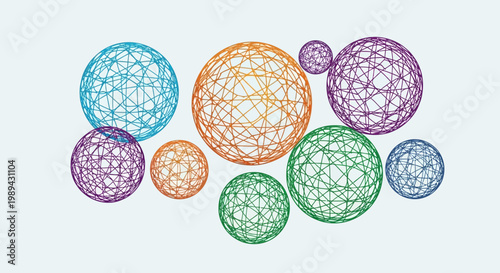 Abstract Geometric Spheres Network Connection, Futuristic Digital Art, Blue Orange Purple Green