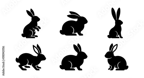 Black rabbit silhouette collection, set of 6 bunny vector icons in various poses, minimalist hare animal shapes for Easter and nature design
