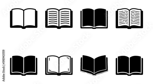 Minimalist open book icon set, 8 black and white vector book symbols, flat line education and reading graphics for library and school apps