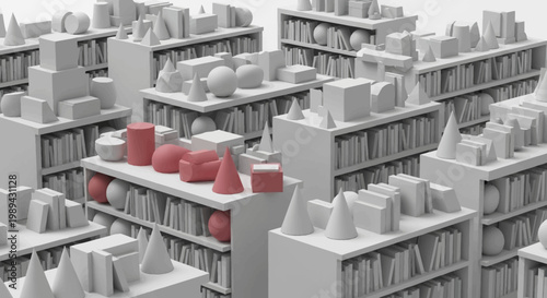 Abstract 3D Library with Red Geometric Shapes and White Bookshelves