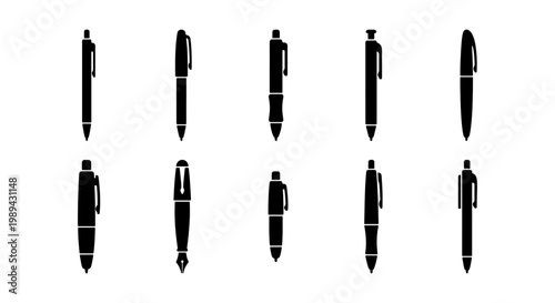 Minimalist pen icon set with 10 black silhouettes, office stationery vector collection, ballpoint and fountain pen symbols for business and education