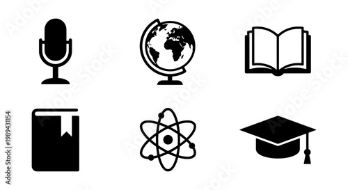 Education and science icon set, 6 black vector symbols including globe and graduation cap, academic and school learning elements for web design