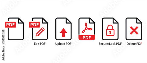 PDF document icon set, red and black file management symbols, edit upload secure and delete PDF vector icons for web interface design