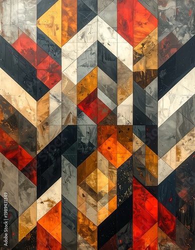 Abstract Geometric Pattern With Triangles And Rhombuses In Red Orange And Black Colors Distressed Grunge Texture