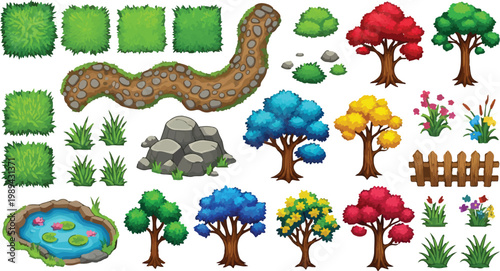 Cartoon nature game assets collection, vibrant fantasy landscape elements with colorful trees and stone path, garden environment vector set for mobile app interface design