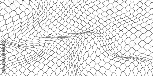 Fishing or soccer net. Repeated hexagon pattern. Black wired mesh texture isolated on white background. Metallic or fabric fence, cage or lattice structure. Vector graphic Illustration.