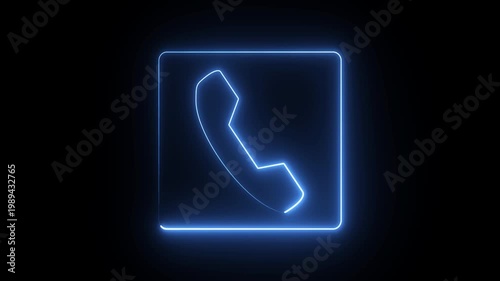 a blue neon sign depicting a telephone icon against a dark background. It is commonly used as a digital symbol for communication, contact us sections, or phone support services. 