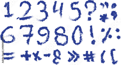Blue Hand Drawn Crayon Digits and Mathematical Signs Collection Featuring Rough Textured Numbers and Punctuation on White Background