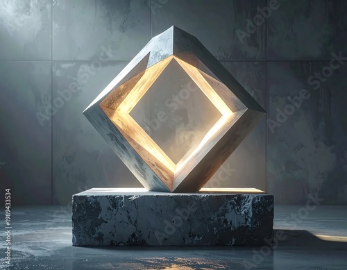 Abstract Geometric Stone Sculpture With Glowing Golden Core On Pedestal In A Brutalist Concrete Room Interior