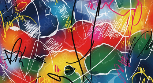 Vibrant Abstract Painting with Scribbles and Colorful Shapes