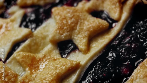 Hot berry pie with flag-inspired lattice close-up view