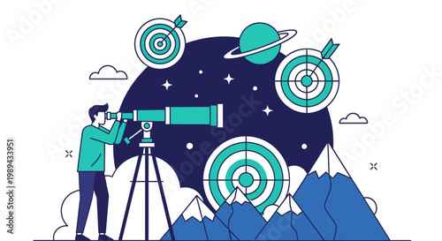 Businessman looking through telescope at targets for future goals