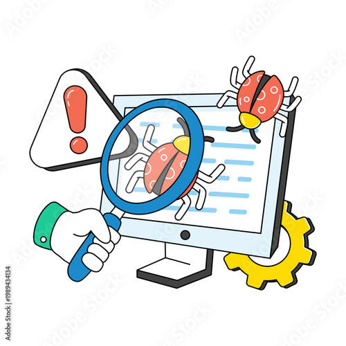      Virus under magnifying glass, debugging icon 