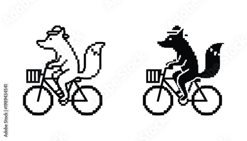 Pixel Fox Riding Bicycle With Hat Game Sprite Design Vector Icon