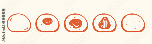 Set of Japanese mochi cakes with different fillings cut out on white background; Japanese dessert, Asian cuisine; drawing, simple cute vector illustration, hand drawn in flat style