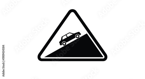 A triangular warning sign depicts a car on a steep incline silhouette