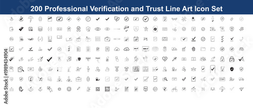 200 professional verification and trust line art icon set, checkmark, passed, secure, approved, complete, accepted, checked.