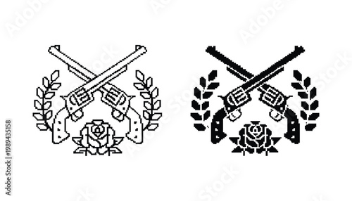 Revolvers Crossed Wreath Rose Pixel Art Emblem Design