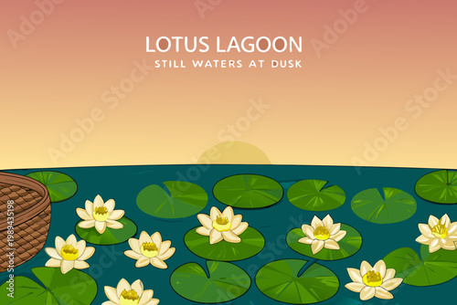 A serene illustration of lotus flowers and lily pads at twilight