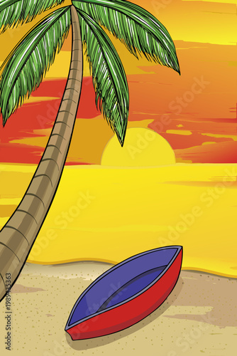 A colorful illustration depicts a tropical beach with a palm tree and boat