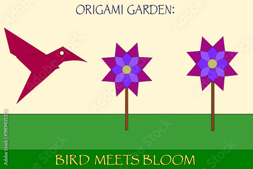 Colorful origami bird and floral arrangements against a simple background