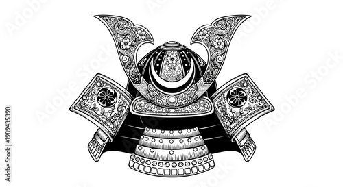 Detailed traditional Japanese samurai warrior helmet (kabuto) illustration with intricate ornate crest design, black and white art.