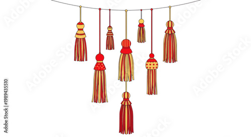 Decorative Tassels Hanging on a String, Red, Yellow, and Orange