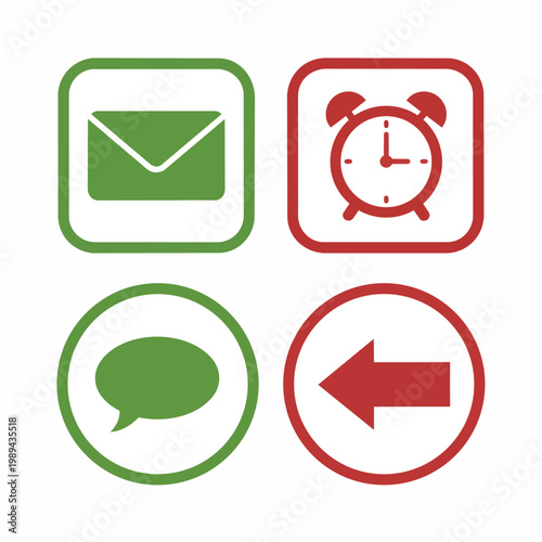 Five icons including envelope alarm clock chat bubble and left arrow on white.